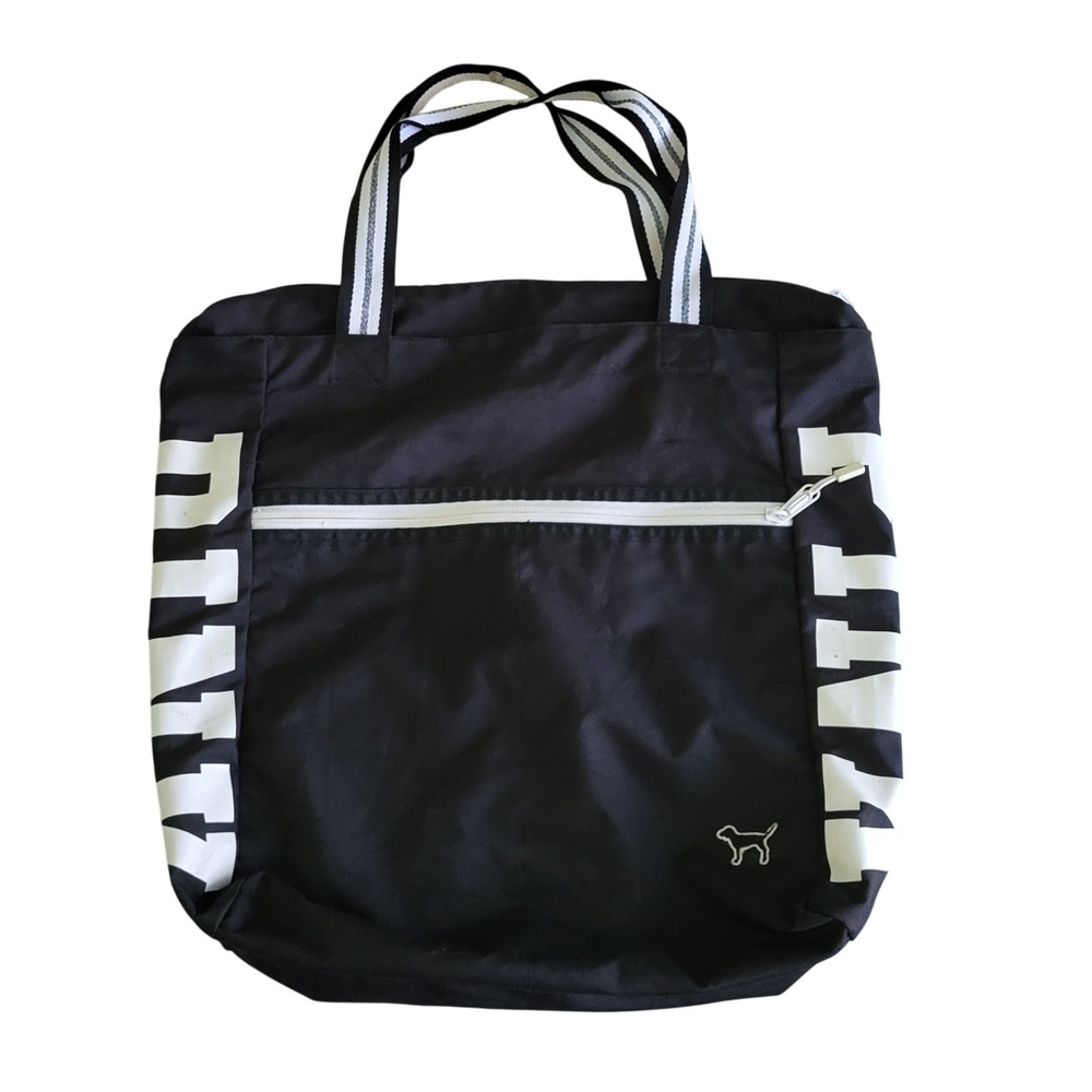 Pink Victorias Secret Tote Bag Black White Dog Logo School Book‎ Travel 16"x13"
